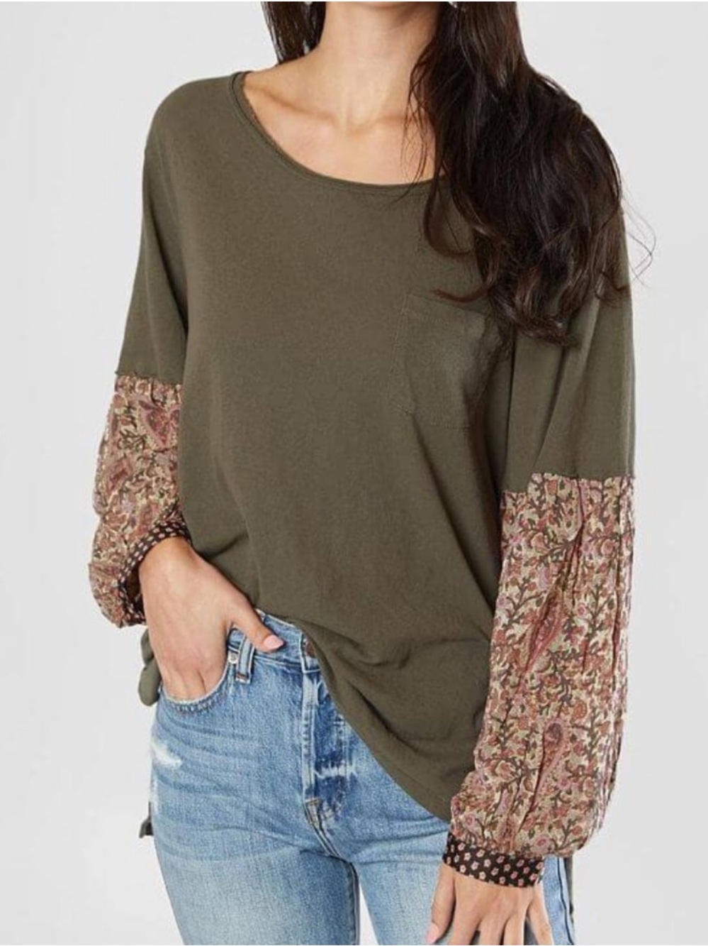 Free People “Jade” Boho Mixed Paisley Print Balloon Sleeves Olive Blouse• Small